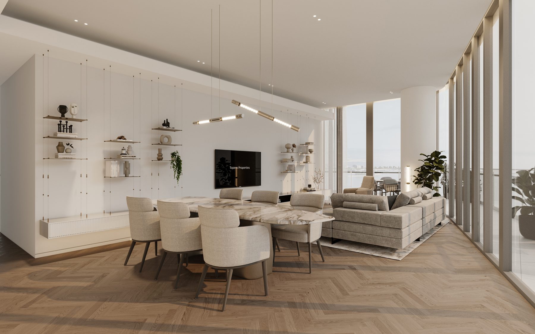 Dining and living area in 3-bedroom apartment